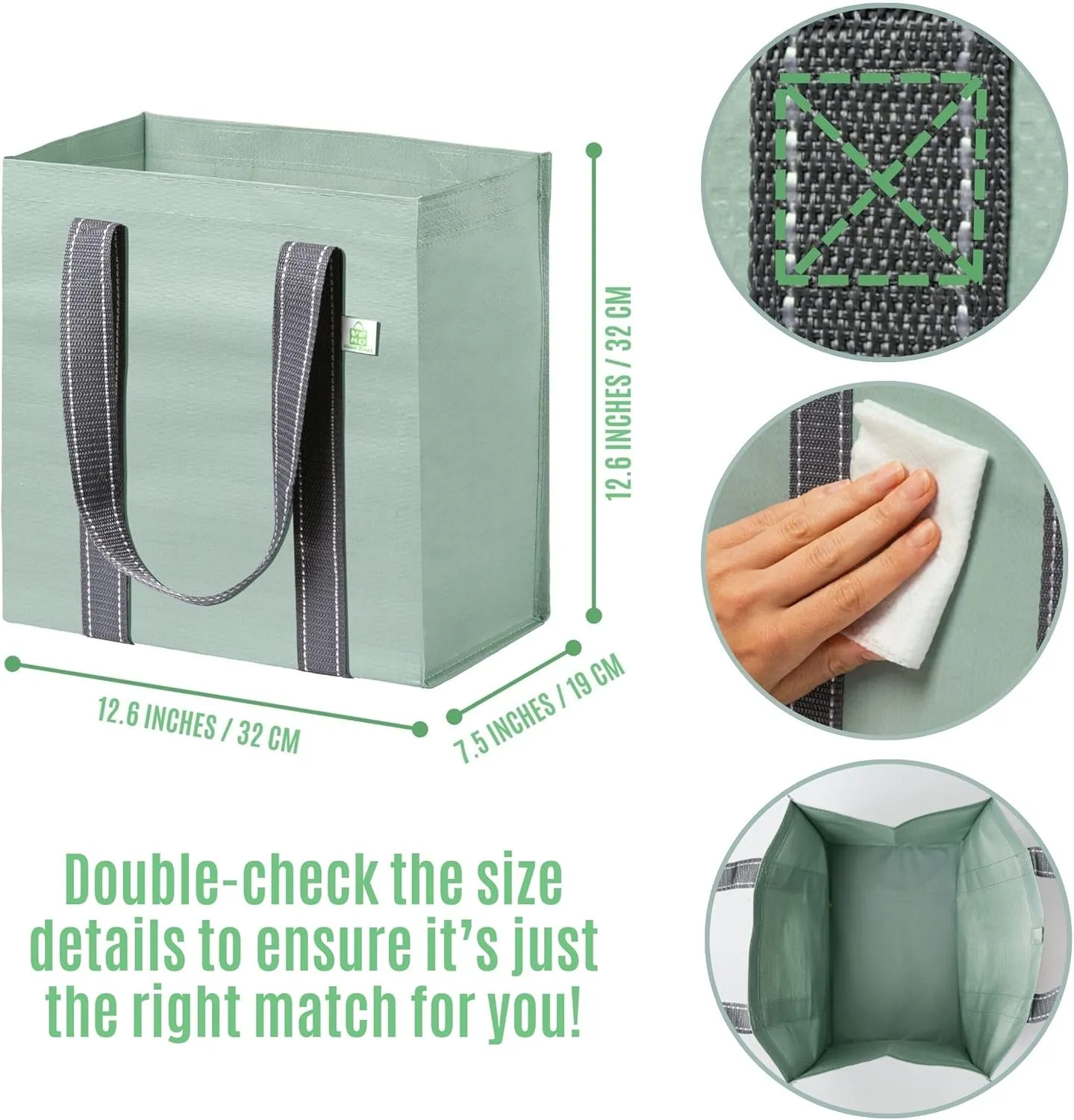 VENO 4 Pack Reusable Grocery Bags Shopping Bags, Medium Tote Bag w/Handle & Hard Bottom, Heavy Duty, Foldable Bag Carrier - Green