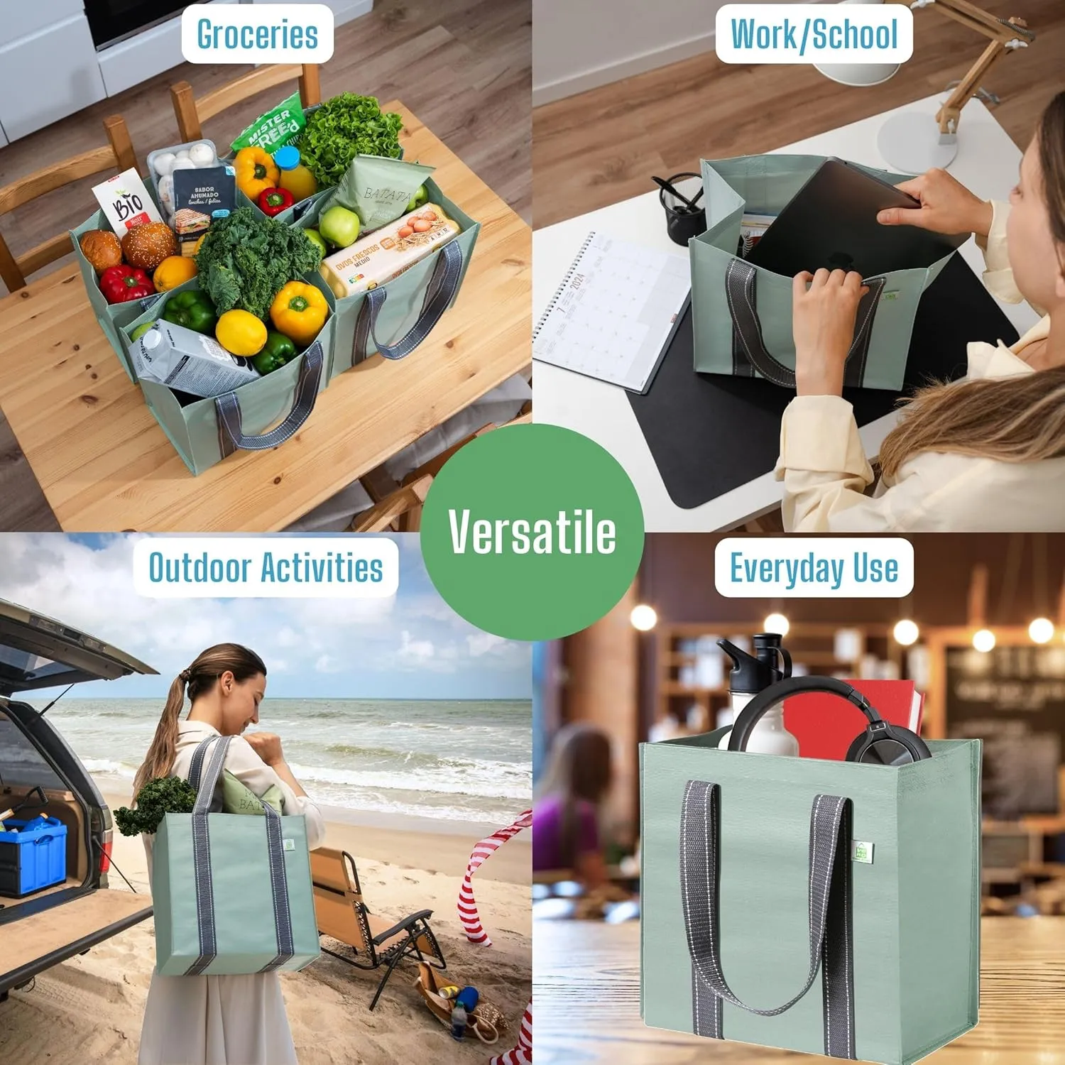 VENO 4 Pack Reusable Grocery Bags Shopping Bags, Medium Tote Bag w/Handle & Hard Bottom, Heavy Duty, Foldable Bag Carrier - Green