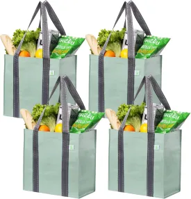 VENO 4 Pack Reusable Grocery Bags Shopping Bags, Medium Tote Bag w/Handle & Hard Bottom, Heavy Duty, Foldable Bag Carrier - Green