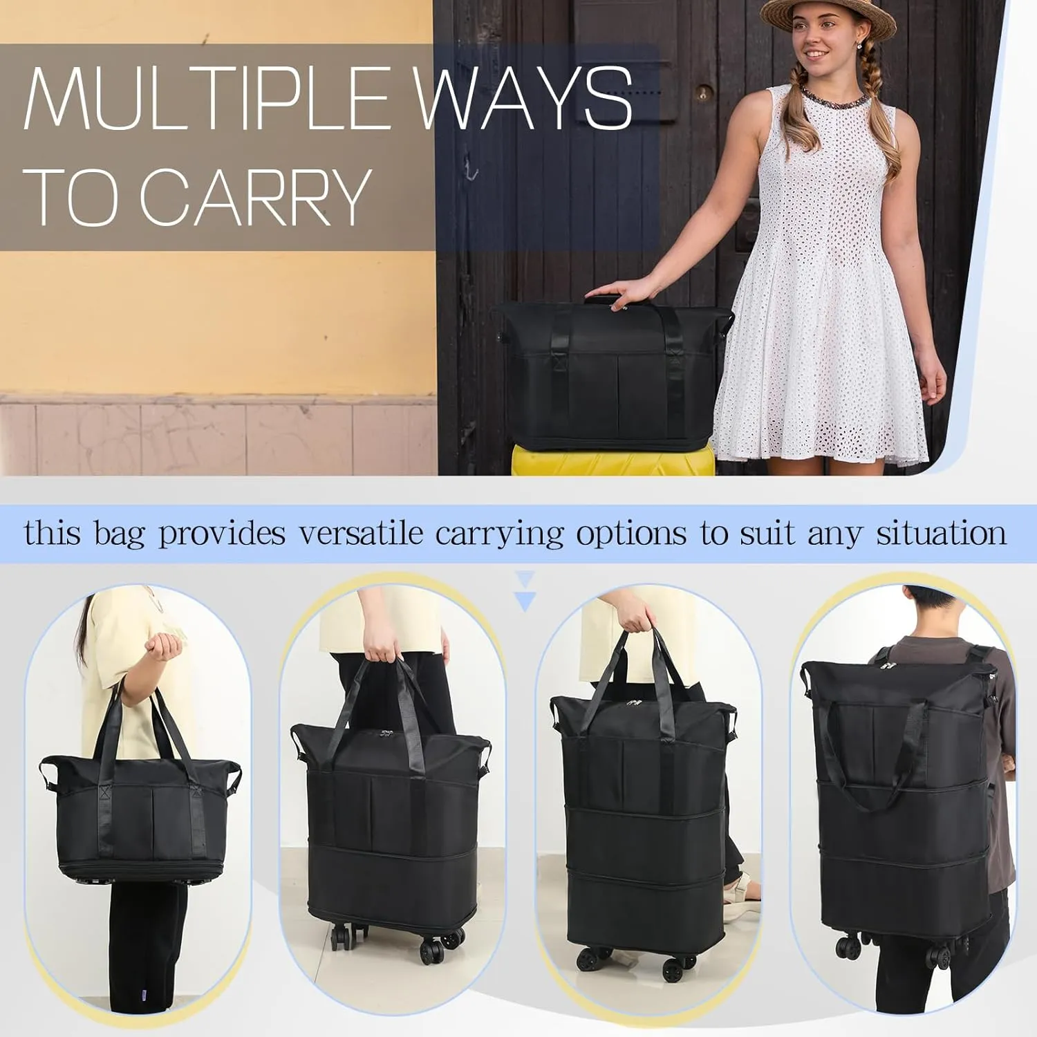 VOOWO Duffel Bag with Wheels - Rolling Foldable Expandable Duffle Bag with Wheels for Travel, Rolling Luggage Bag Carry On Travel Bag with Wheels, Large Wheeled Overnight Weekender Bag (Black)