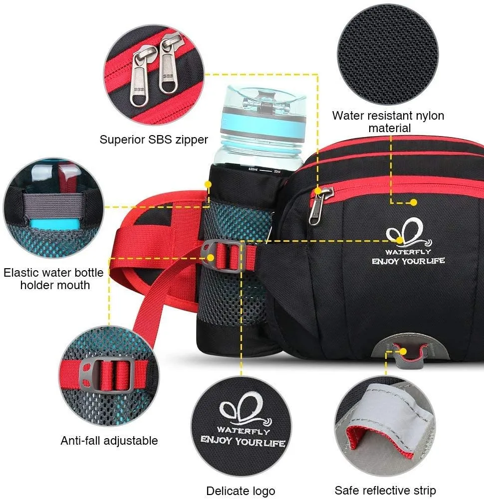 WATERFLY Fanny Pack Waist Bag: Fannie Pack 2 Water Bottle Holders Lumbar Belt Hiking Walking Running Jogging Camping Large Woman Man (Bottle Not Included