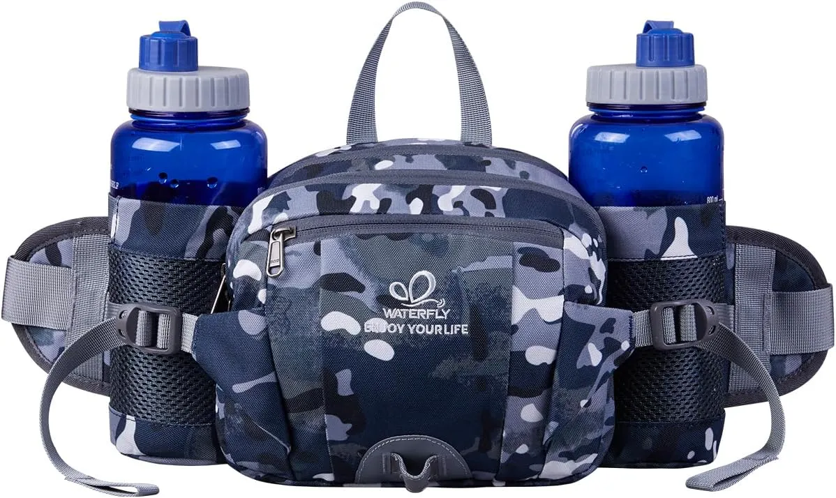 WATERFLY Fanny Pack Waist Bag: Fannie Pack 2 Water Bottle Holders Lumbar Belt Hiking Walking Running Jogging Camping Large Woman Man (Bottle Not Included
