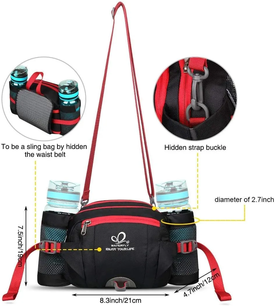 WATERFLY Fanny Pack Waist Bag: Fannie Pack 2 Water Bottle Holders Lumbar Belt Hiking Walking Running Jogging Camping Large Woman Man (Bottle Not Included