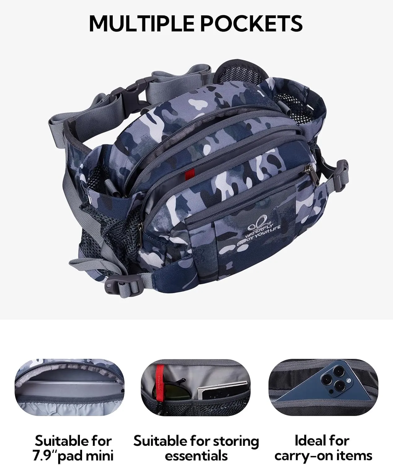 WATERFLY Fanny Pack Waist Bag: Fannie Pack 2 Water Bottle Holders Lumbar Belt Hiking Walking Running Jogging Camping Large Woman Man (Bottle Not Included