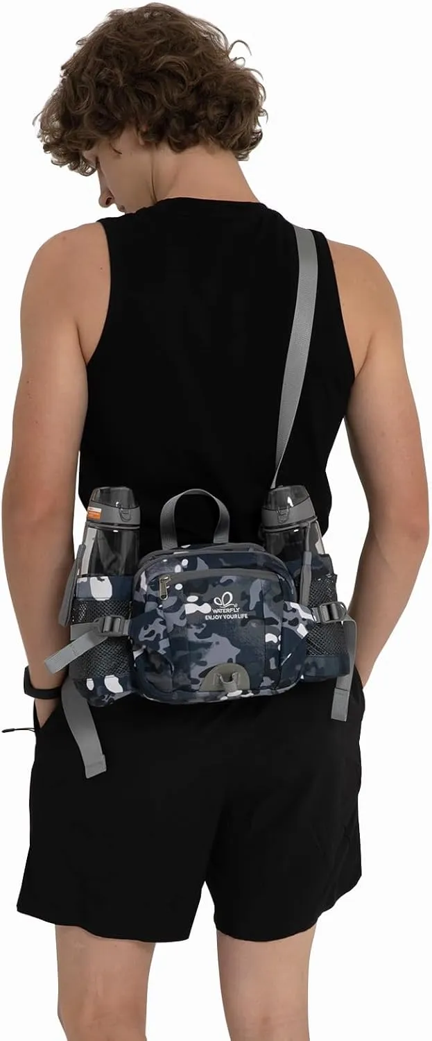 WATERFLY Fanny Pack Waist Bag: Fannie Pack 2 Water Bottle Holders Lumbar Belt Hiking Walking Running Jogging Camping Large Woman Man (Bottle Not Included