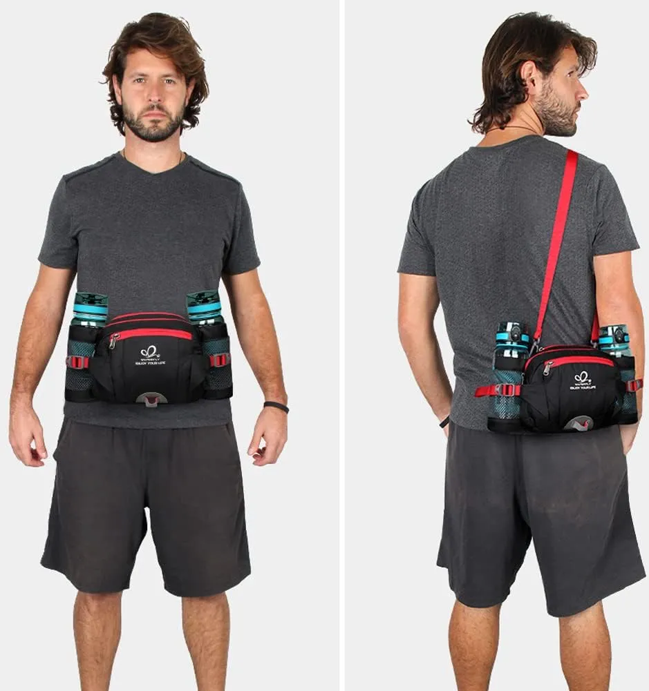 WATERFLY Fanny Pack Waist Bag: Fannie Pack 2 Water Bottle Holders Lumbar Belt Hiking Walking Running Jogging Camping Large Woman Man (Bottle Not Included