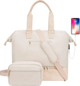 Weekender Bag with Shoe Compartment Travel Duffle, Carry On 20 Inch, Beige