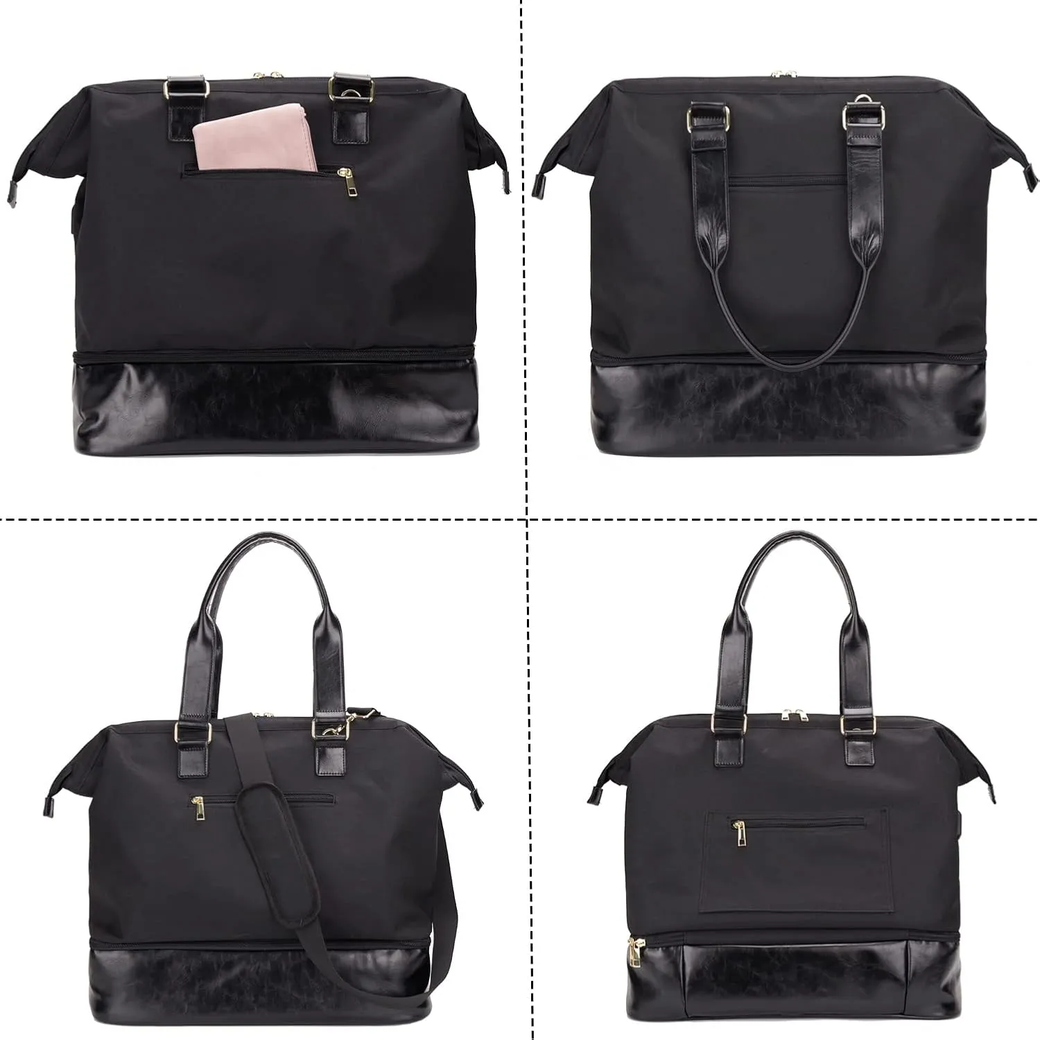Weekender Bag with Shoe Compartment Travel Duffle, Carry On 20 Inch, Black