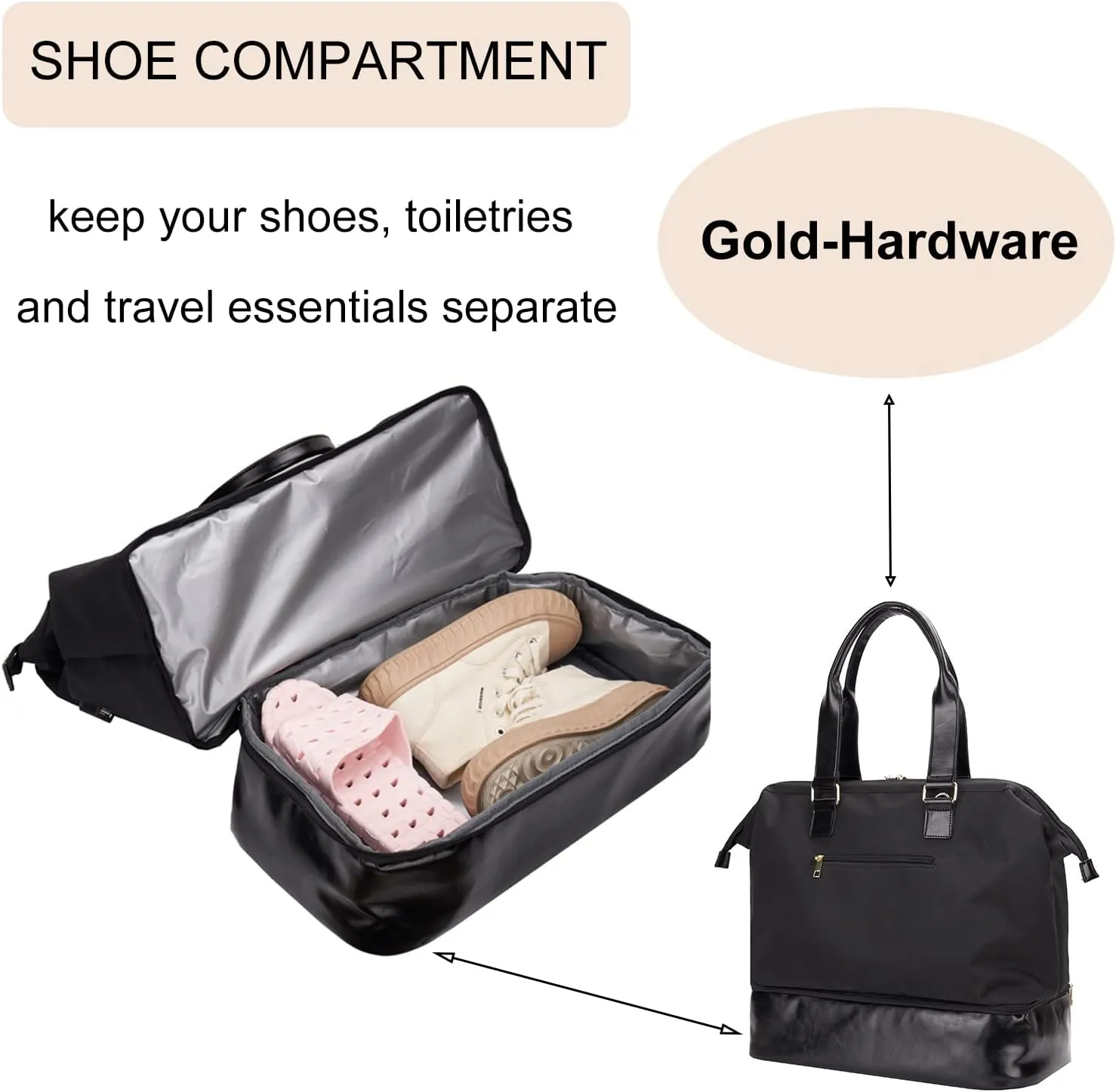 Weekender Bag with Shoe Compartment Travel Duffle, Carry On 20 Inch, Black