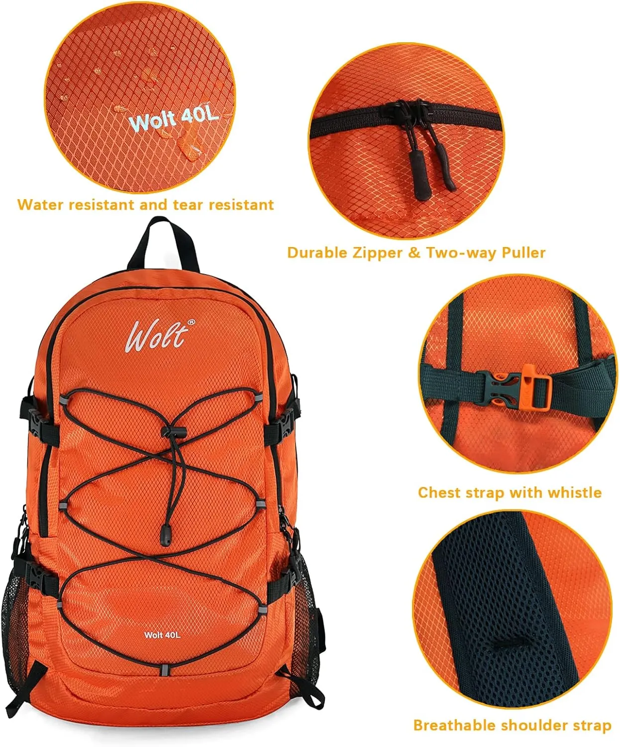 WOLT 40L Packable Travel Backpack, Foldable Lightweight Backpack for Men Women,Waterproof Hiking Bag for Outdoor Camping (Orange)