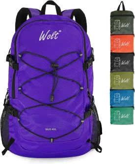 WOLT 40L Packable Travel Backpack, Foldable Lightweight Backpack for Men Women,Waterproof Hiking Bag for Outdoor Camping (Purple)