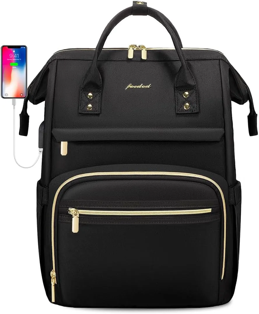 Women Laptop Backpack Teacher Bags: 17.3 Inch Nurse Computer Backpack with USB Port Work Bag Stylish Travel Daypack Bookbag Waterproof for Business Woman Gifts BLACK