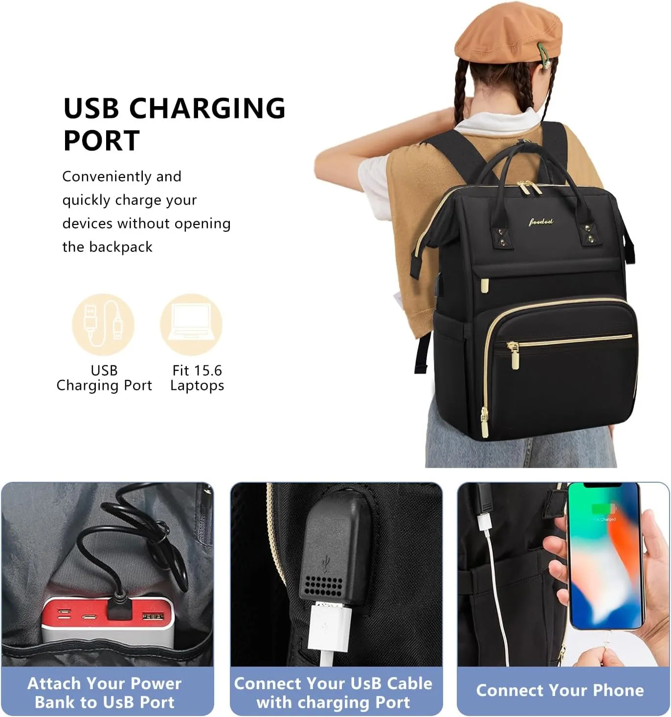 Women Laptop Backpack Teacher Bags: 17.3 Inch Nurse Computer Backpack with USB Port Work Bag Stylish Travel Daypack Bookbag Waterproof for Business Woman Gifts BLACK