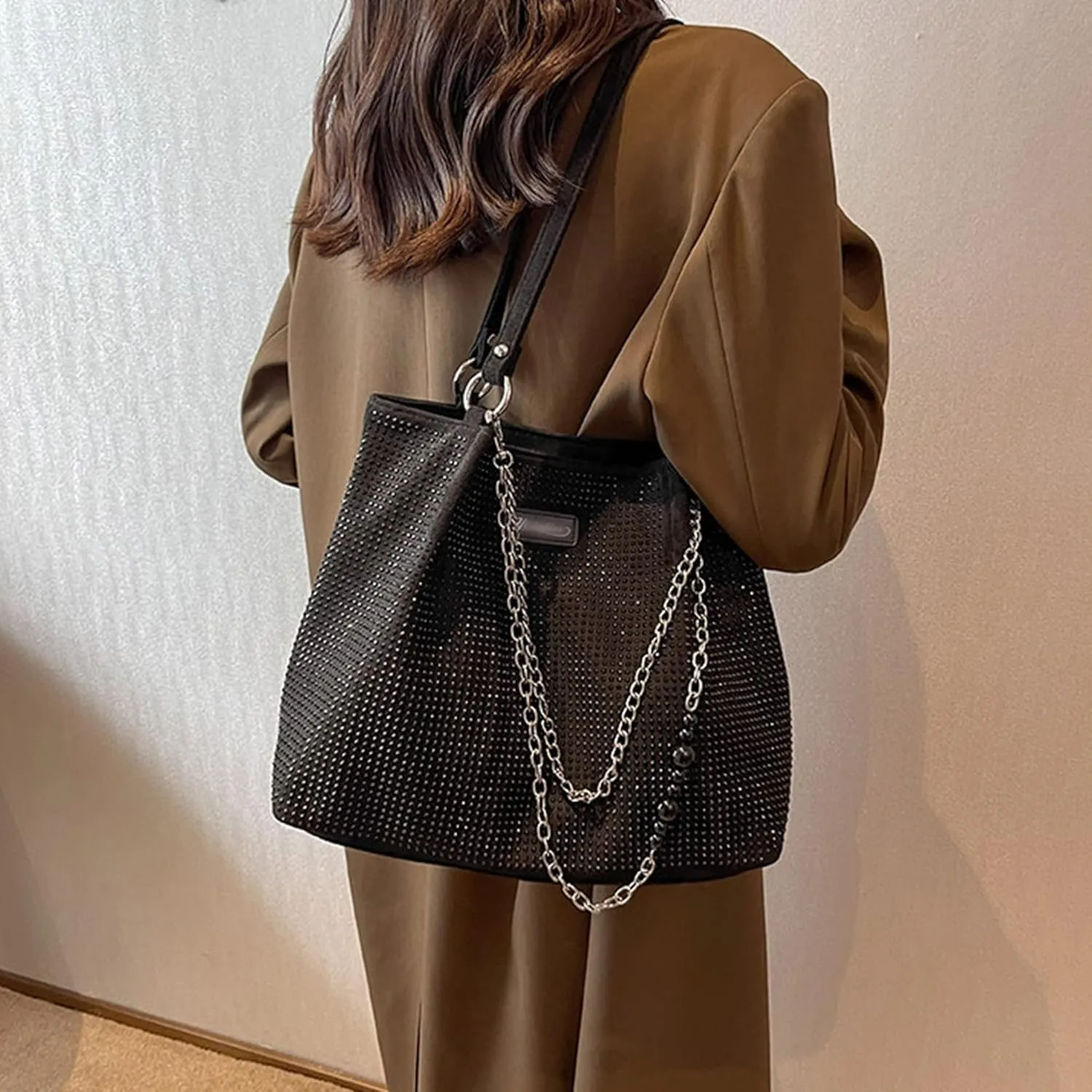 ZLM BAG US Women Bling Rhinestones Shoulder Tote Corduroy Satchel Purse 2 Style Shoulder Straps Shopping Bag